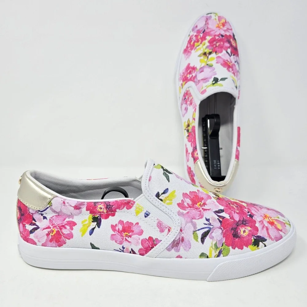 Nine West Lala Floral‎ Slip On Sneakers Pink Purple Canvas Flats WNLALA7 9.5M